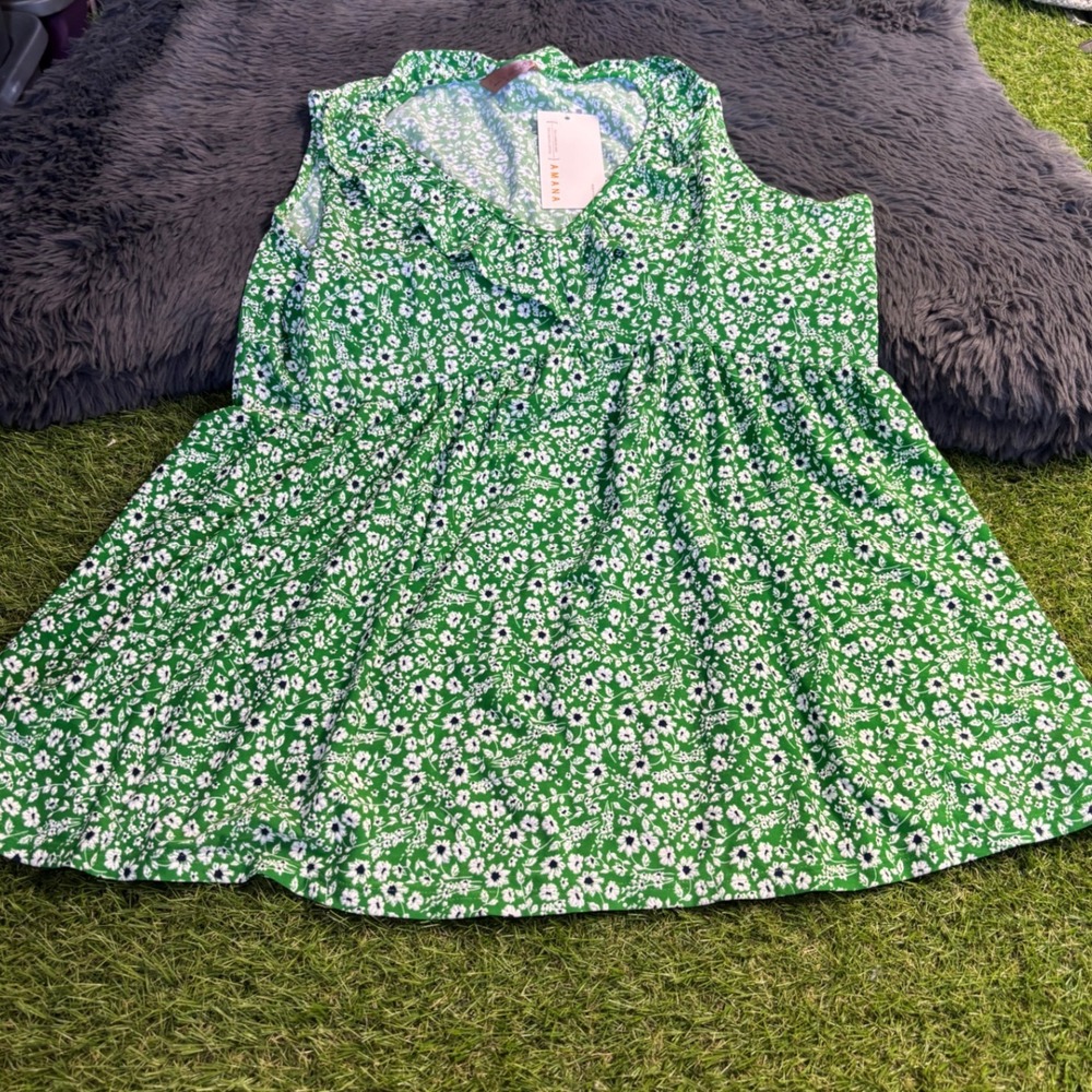 Amana Top womens XL Green Floral Sleeveless Mini Dress Ruffle Neck